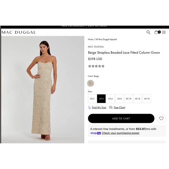 NWT MAC DUGGAL [ 4 ] 24067 Strapless Beaded Lace Fitted Column Gown‎ Beige J1734 - Picture 3 of 16